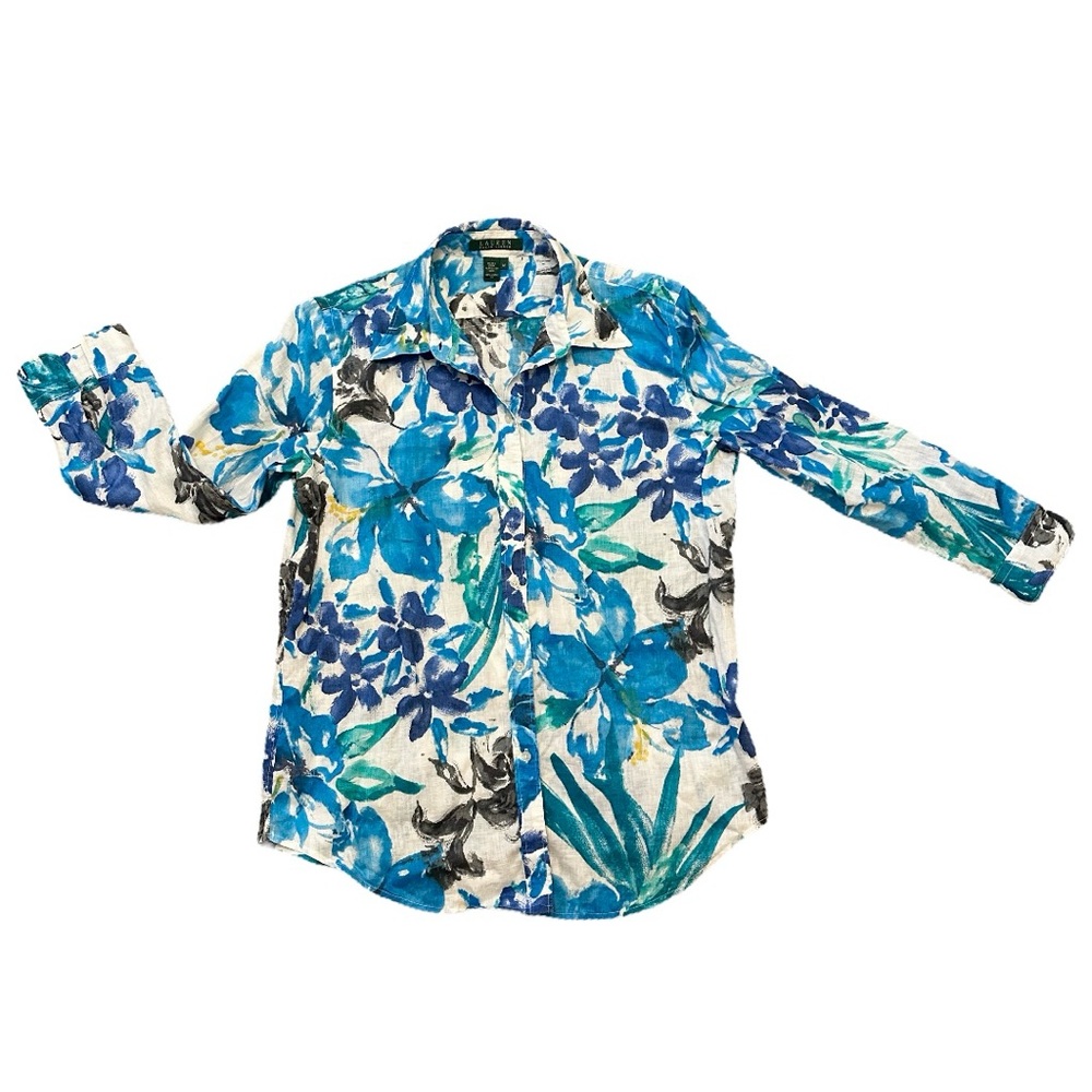 Lauren Ralph Lauren | women's M linen floral white art to wear button up